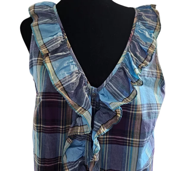 Heritage Collection by Bass Madras Plaid Sleeveless Ruffle Front Blouse Size Med - Picture 2 of 5